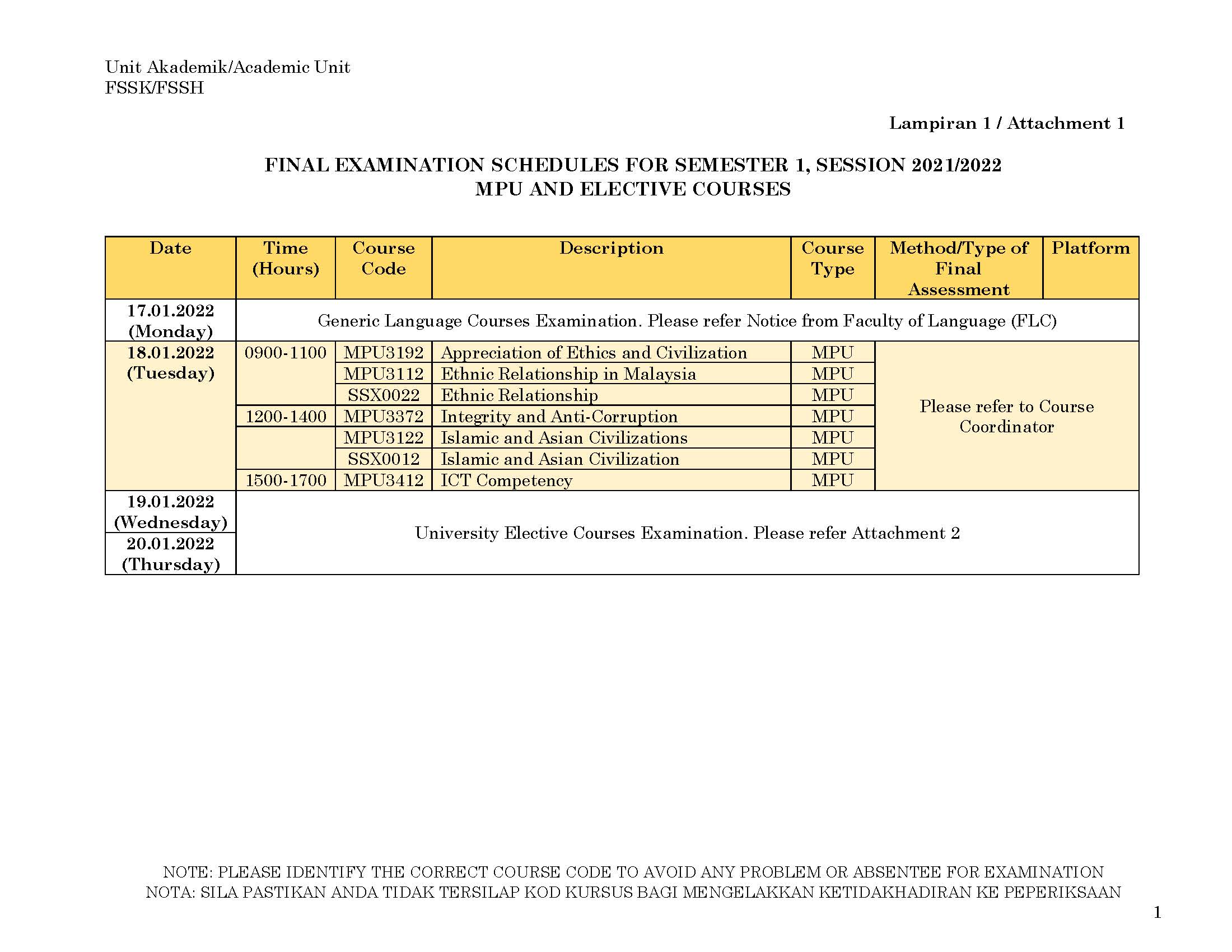 Page 2 UPDATE FINAL EXAMINATION SCHEDULES FOR SEMESTER 1 SESSION 2021 2022 2