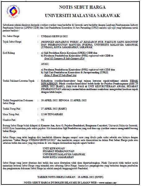 UNIMAS/SH/PP/13/2022 - PROPOSED REPAIRING WORKS AT RESEARCH HUB ...