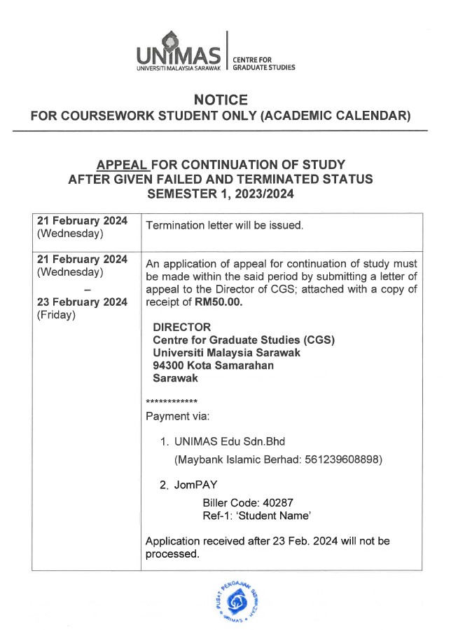Notice Appeal for Continuation of Study After Given Failed and Terminated Status Semester 1, 20232024 (Academic Calendar