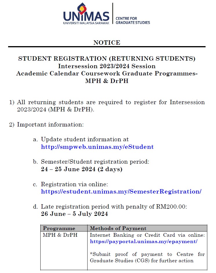 STUDENT REGISTRATION (RETURNING STUDENTS) Intersession 2023_2024 Session Academic Calendar Coursework Graduate Programme